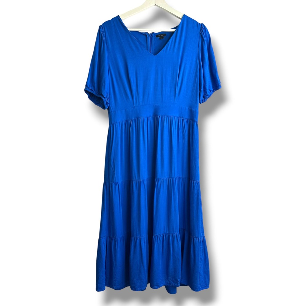 Ann Taylor Factory Royal Blue Tiered V-Neck Puff Sleeve Midi Dress Womens 6 - Picture 2 of 10